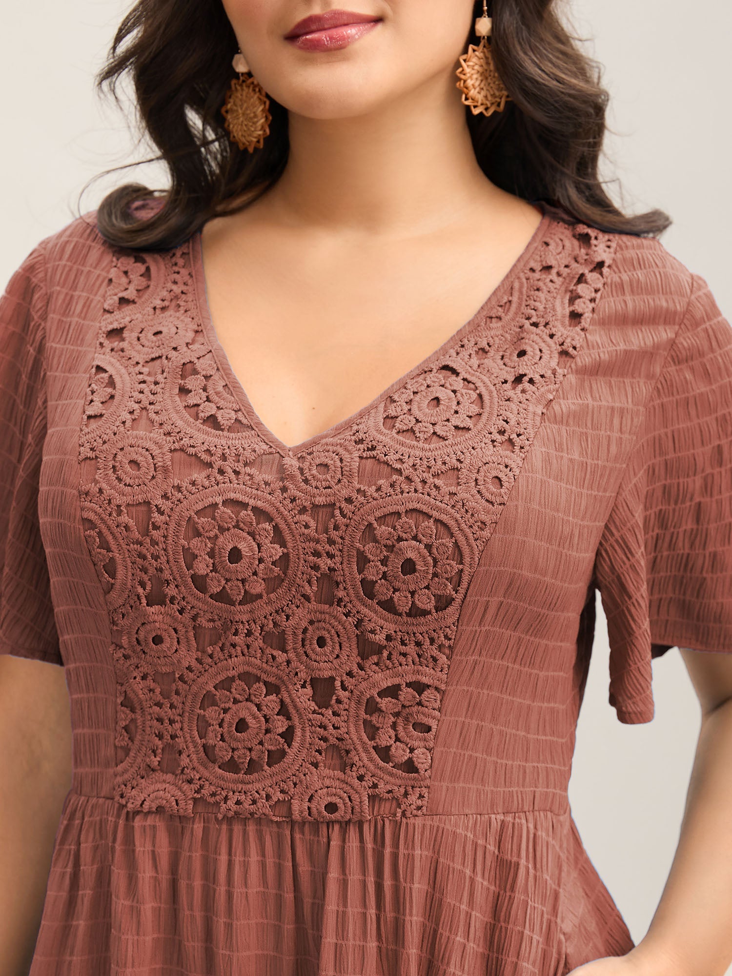 Lace Textured Pockets Tiered Midi Dress
