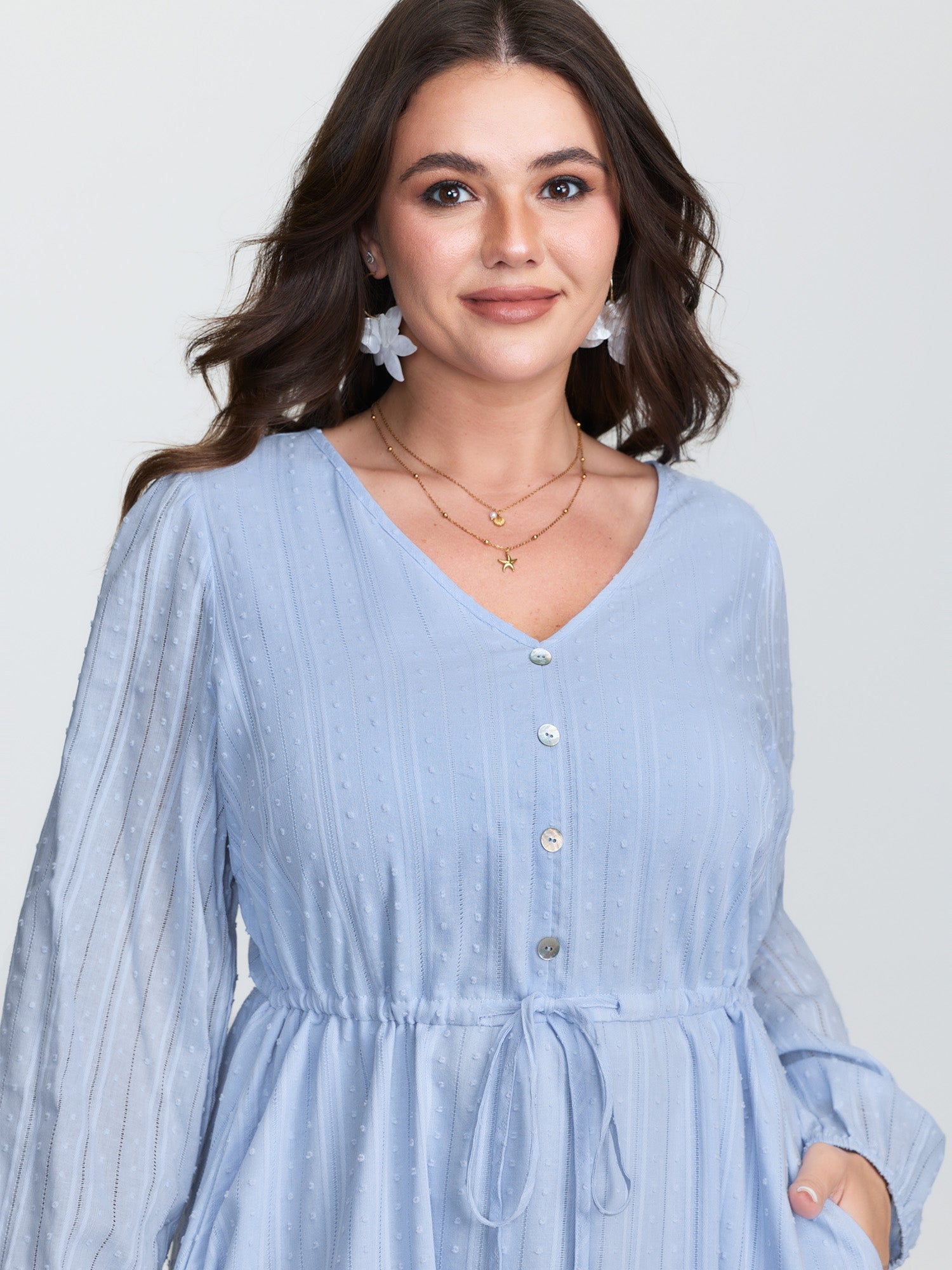 Cotton Striped Waist-Drawstring Tiered Midi Dress
