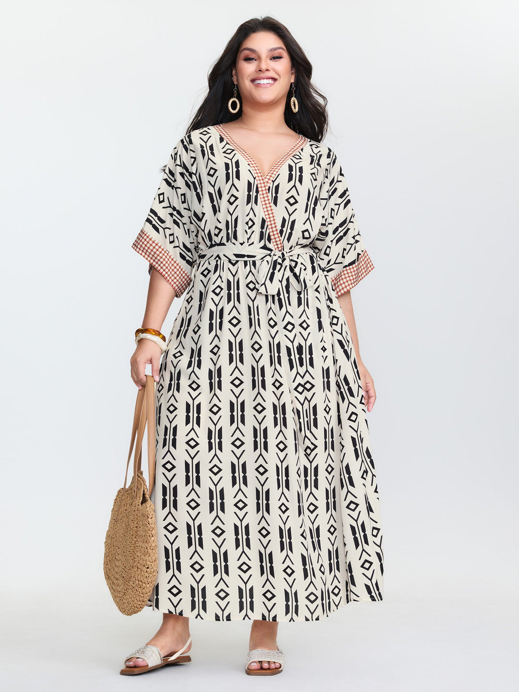Geometric Print Pockets Surplice Maxi Dress