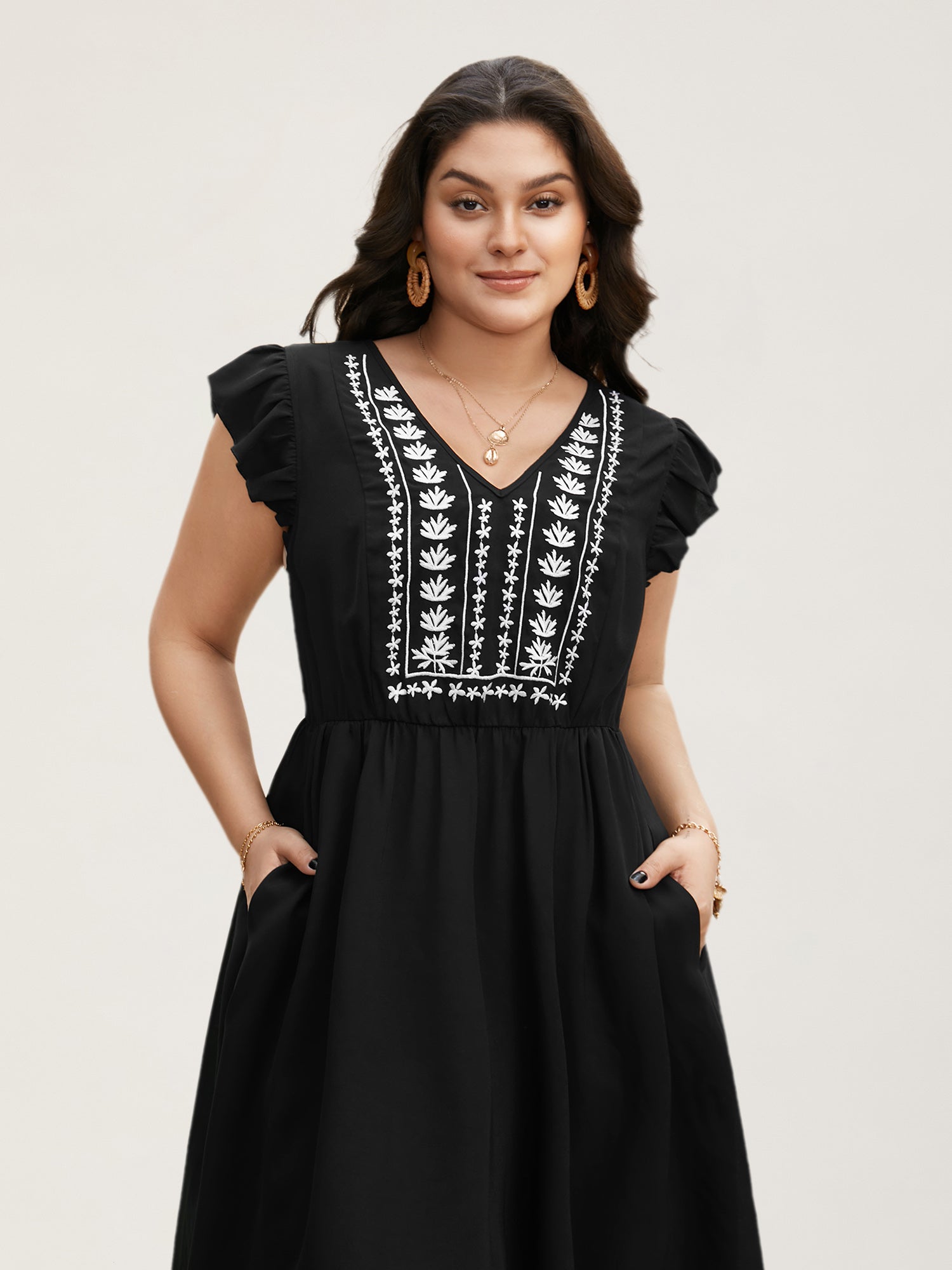 Floral Embroidered V Neck Ruffle Cap Sleeve Dress